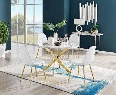 Furniturebox Uk Novara White Marble Gold Leg Round Dining Table & 4 White Corona Gold Leg Chairs from B&Q