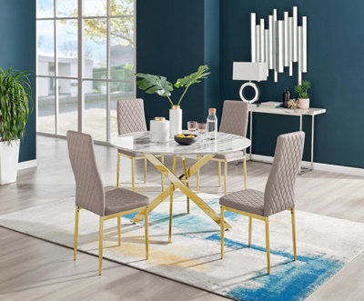 Furniturebox Uk Novara White Marble Gold Leg 120Cm Round Dining Table & 4 Cappuccino Milan Gold Leg Chairs from B&Q