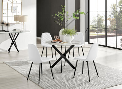 Furniturebox Uk Novara White Marble Black Leg Round Dining Table & 4 White Corona Black Leg Chairs from B&Q