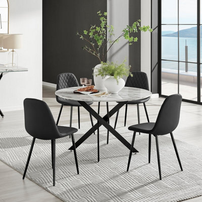 Furniturebox Uk Novara White Marble Black Leg 120Cm Round Dining Table & 4 Black Corona Black Leg Chairs from B&Q