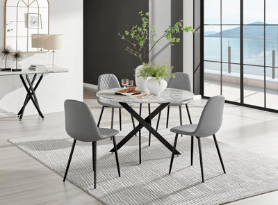 Furniturebox Uk Novara White Marble Black Leg 120Cm Round Dining Table & 4 Grey Corona Black Leg Chairs from B&Q