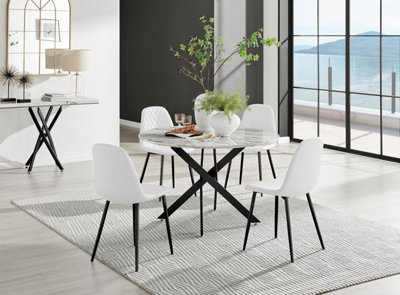 Furniturebox Uk Novara White Marble Black Leg 120Cm Round Dining Table & 4 White Corona Black Leg Chairs from B&Q