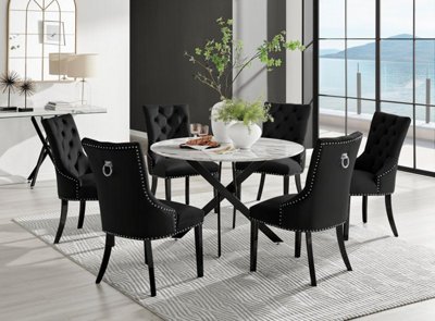 Furniturebox Uk Novara White Marble Black Leg 120Cm Round Dining Table & 6 Black Belgravia Black Leg Chairs from B&Q
