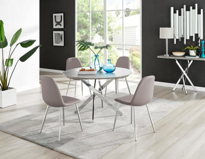 Furniturebox Uk Novara Grey Concrete Effect 120Cm Round Dining Table & 4 Cappuccino Corona Silver Chairs from B&Q
