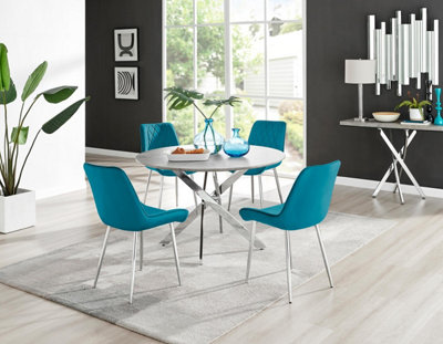 Furniturebox Uk Novara Grey Concrete Effect 120Cm Round Dining Table & 4 Blue Pesaro Silver Chairs from B&Q