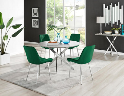 Furniturebox Uk Novara Grey Concrete Effect 120Cm Round Dining Table & 4 Green Pesaro Silver Chairs from B&Q