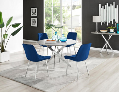 Furniturebox Grey/Silver Uk Novara Concrete Effect Round Dining Table & 4 Navy Pesaro Chairs 120Cm