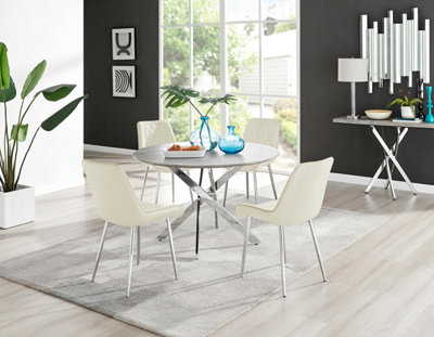 Furniturebox Uk Novara Grey Concrete Effect 120Cm Round Dining Table & 4 Cream Pesaro Silver Chairs from B&Q