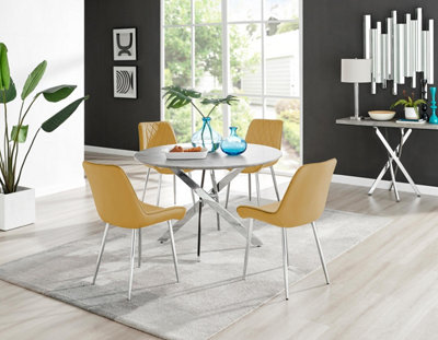 Furniturebox Grey/Silver Uk Novara Concrete Effect Round Dining Table & 4 Mustard Pesaro Chairs 120Cm