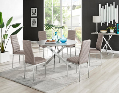 Furniturebox Uk Novara Grey Concrete Effect 120Cm Round Dining Table & 6 Cappuccino Milan Chrome Leg Chairs from B&Q
