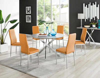 Furniturebox Uk Novara Grey Concrete Effect 120Cm Round Dining Table & 6 Mustard Milan Chrome Leg Chairs from B&Q