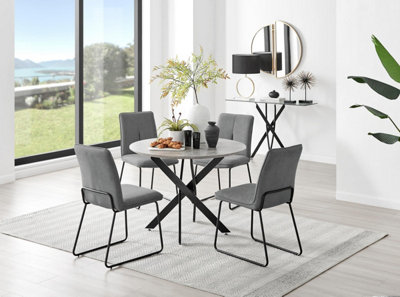 Furniturebox Uk Novara Grey Concrete Effect Black Leg Round Dining Table & 4 Dark Grey Halle Chairs from B&Q