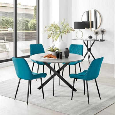 B&Q -  Uk Novara Grey Concrete Effect Black Leg 120Cm Round Dining Table & 4 Blue Pesaro Black Leg Chairs