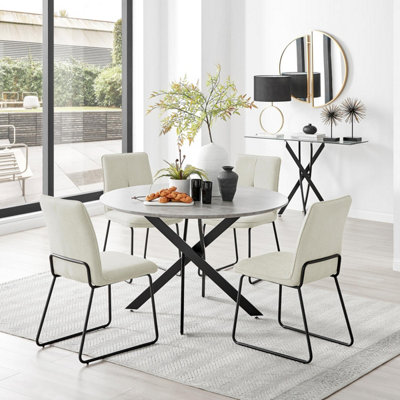 Furniturebox Uk Novara Grey Concrete Effect Black Leg 120Cm Round Dining Table & 4 Cream Halle Chairs from B&Q