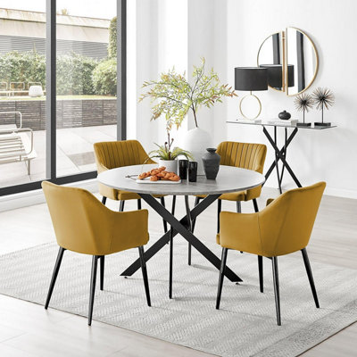 Furniturebox Grey/Black Uk Novara Concrete Effect Leg Round Dining Table & 4 Mustard Calla Leg Chairs 120Cm