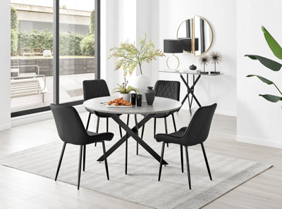 B&Q -  Uk Novara Grey Concrete Effect Black Leg 120Cm Round Dining Table & 4 Black Pesaro Black Leg Chairs