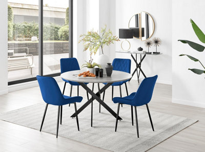 B&Q -  Uk Novara Grey Concrete Effect Black Leg 120Cm Round Dining Table & 4 Navy Pesaro Black Leg Chairs
