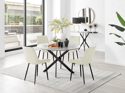 B&Q -  Uk Novara Grey Concrete Effect Black Leg 120Cm Round Dining Table & 4 Cream Pesaro Black Leg Chairs