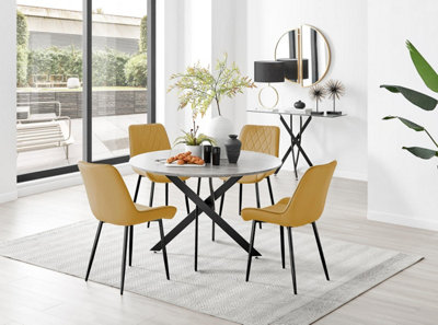B&Q -  Uk Novara Grey Concrete Effect Black Leg 120Cm Round Dining Table & 4 Mustard Pesaro Black Leg Chairs
