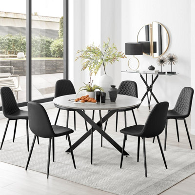 B&Q -  Uk Novara Grey Concrete Effect Black Leg 120Cm Round Dining Table & 6 Black Corona Black Leg Chairs