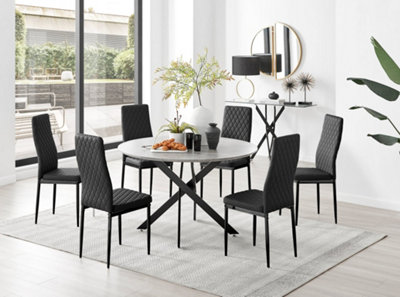Furniturebox Novara Grey Concrete Effect 120Cm Round Dining Table With Black Starburst Legs & 6 Black Milan Faux Leather Chairs from B&Q