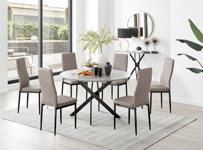 Furniturebox Grey/Black/Beige Novara Concrete Effect Round Dining Table With Starburst Legs & 6 Milan Faux Leather Chairs 120Cm