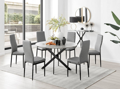 Furniturebox Novara Grey Concrete Effect 120Cm Round Dining Table With Black Starburst Legs & 6 Grey Milan Faux Leather Chairs from B&Q