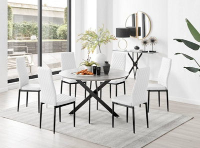 Furniturebox Grey/Black/White Novara Concrete Effect Round Dining Table With Starburst Legs & 6 Milan Faux Leather Chairs 120Cm
