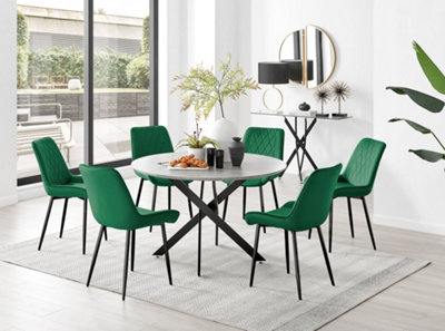 B&Q -  Novara Grey Concrete Effect 120Cm Round Dining Table With Black Starburst Legs & 6 Green Pesaro Velvet Chairs
