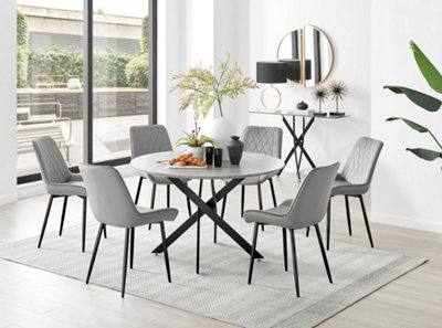 Furniturebox Novara Grey Concrete Effect 120Cm Round Dining Table With Black Starburst Legs & 6 Grey Pesaro Velvet Chairs from B&Q