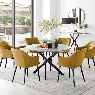 Furniturebox Grey/Black Uk Novara Concrete Effect Leg Round Dining Table & 6 Mustard Calla Leg Chairs 120Cm