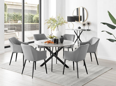 Furniturebox Uk Novara Grey Concrete Effect Black Leg 120Cm Round Dining Table & 6 Grey Calla Black Leg Chairs from B&Q