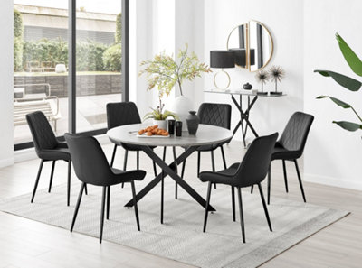 Furniturebox Novara Concrete Effect 120Cm Round Dining Table With Starburst Legs & 6 Pesaro Velvet Chairs Grey/Black