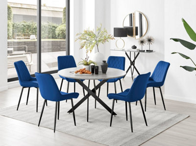 Furniturebox Grey/Black Novara Concrete Effect Round Dining Table With Starburst Legs & 6 Navy Pesaro Velvet Chairs 120Cm