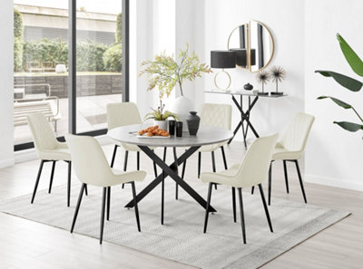 Furniturebox Grey/Black/Cream Novara Concrete Effect Round Dining Table With Starburst Legs & 6 Pesaro Velvet Chairs 120Cm