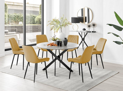 B&Q -  Novara Grey Concrete Effect 120Cm Round Dining Table With Black Starburst Legs & 6 Mustard Pesaro Velvet Chairs