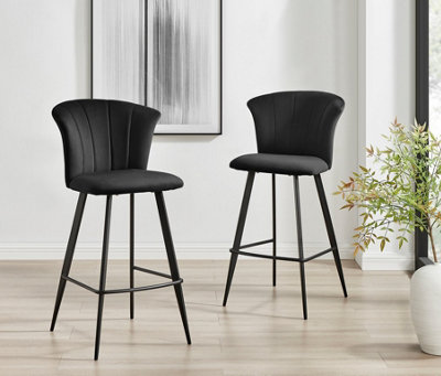 Furniturebox Juniper Black Soft Touch Velvet Fluted Art Deco Bar Stools With Black Legs (Set Of 2) from B&Q