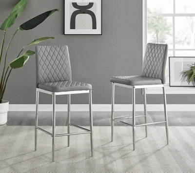 Furniturebox Milan Grey Diamond-Stiched Faux Leather Silver Leg Padded Bar Stools (Set Of 2) from B&Q