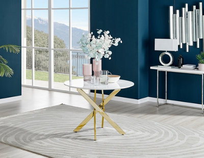Furniturebox Novara 100Cm 4 Seater White High Gloss Round Wooden Dining Table With Gold Chrome Legs from B&Q
