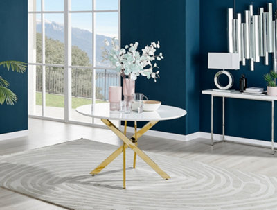Furniturebox White/Gold Novara 4-6 Seater High Gloss Round Wooden Dining Table With Chrome Legs 120Cm