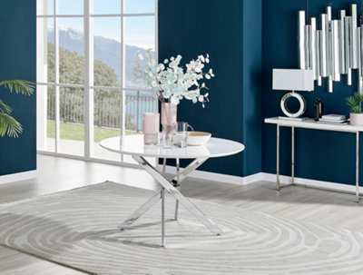 B&Q -  Novara Round White High Gloss And Silver Metal 4- 6 Seater Dining TableRound Dining Table6 Seater Dining Table