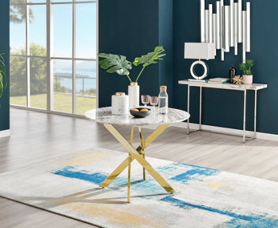Furniturebox Novara 100Cm 4 Seater Marble Effect Round Wooden Dining Table With Chrome Legs White/Gold