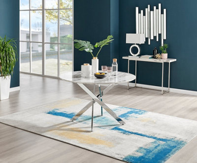 B&Q -  Novara Round White Marble Effect And Silver Metal 46 Seater Dining TableRound Dining TableWhite Dining Table