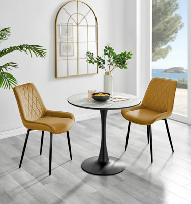 B&Q -  Elina White Marble Effect Round Pedestal Dining Table With Curved Black Support And 2 Mustard Velvet Pesaro Black Leg Chairs