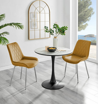 Furniturebox Elina Marble Effect Round Pedestal Dining Table With Curved Support And 2 Mustard Velvet Pesaro Leg Chairs White/Black/Silver