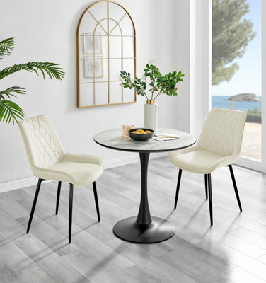 B&Q -  Elina White Marble Effect Round Pedestal Dining Table With Curved Black Support And 2 Cream Velvet Pesaro Black Leg Chairs