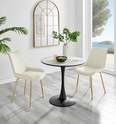 Furniturebox White/Black/Cream Elina Marble Effect Round Pedestal Dining Table With Curved Support And Velvet Pesaro Gold Leg Chairs
