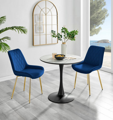 B&Q -  Elina White Marble Effect Round Pedestal Dining Table With Curved Black Support And 2 Navy Velvet Pesaro Gold Leg Chairs