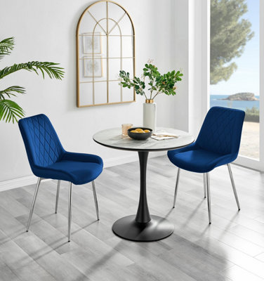 B&Q -  Elina White Marble Effect Round Pedestal Dining Table With Curved Black Support And 2 Navy Velvet Pesaro Silver Leg Chairs