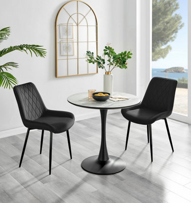 Furniturebox Elina Marble Effect Round Pedestal Dining Table With Curved Support And 2 Velvet Pesaro Leg Chairs White/Black